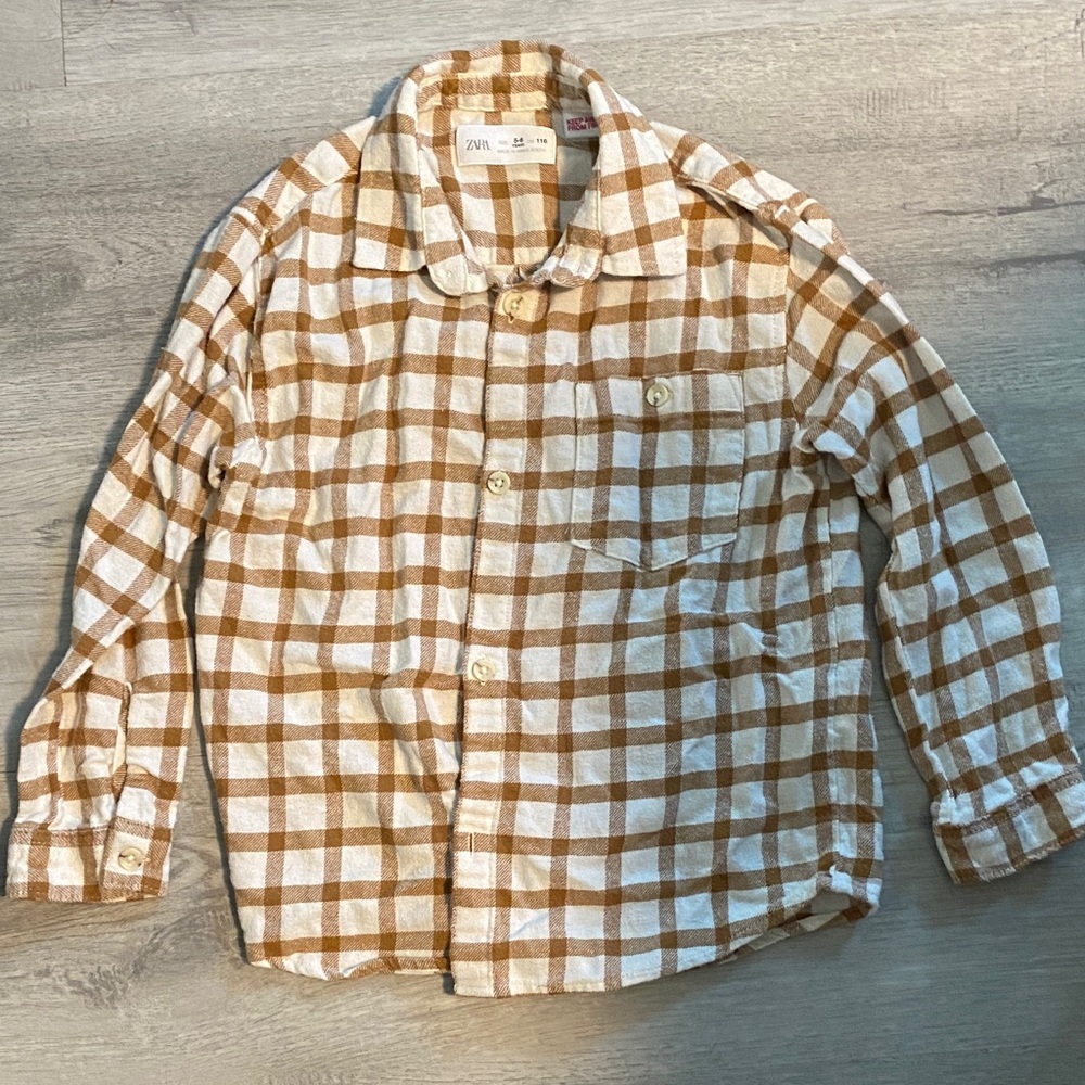 Zara Tan & Cream checkered cotton buttoned long sleeve shirt size 5T